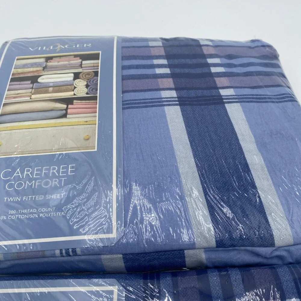 NEW Vintage Liz Claiborne Villager Twin Sheet Set Blue Plaid 3 Pcs NOS Made USA